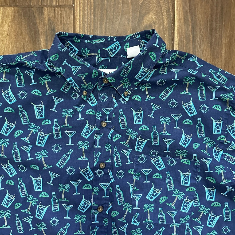 HB Fit DXL Mens XL Tropical Cocktail Print Button Down Shirt Navy Blue Short Sl
